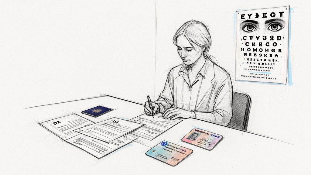 A person fills out application forms at a desk with a passport, provisional license, and an eye chart in the background.