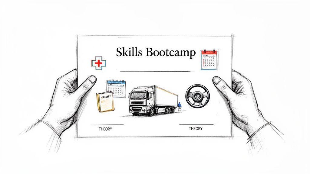 Hands hold a 'Skills Bootcamp' document showing icons for HGV truck training, theory, and schedules.