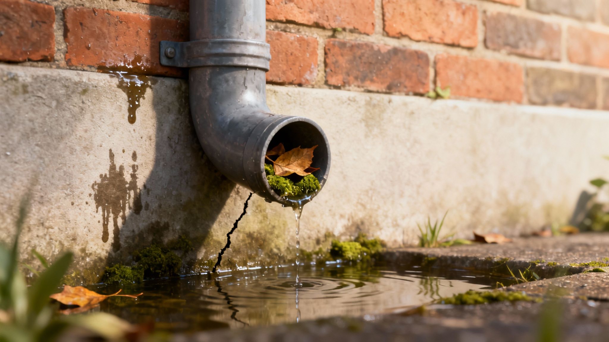 Water drips from a rain gutter downpipe, partially blocked by moss and a leaf, onto a concrete path.