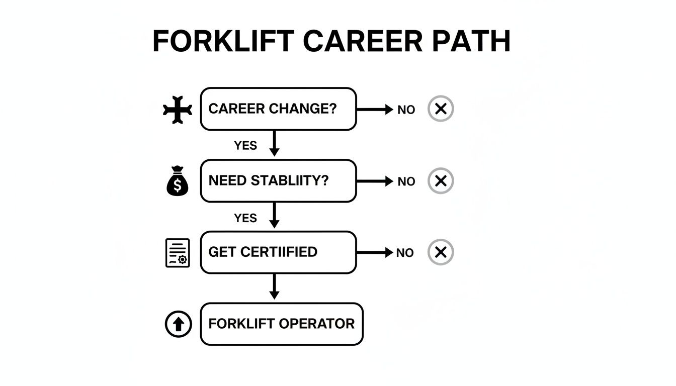 A flowchart titled 'Forklift Career Path' outlining steps: Career Change?, Need Stability?, Get Certified, leading to Forklift Operator.