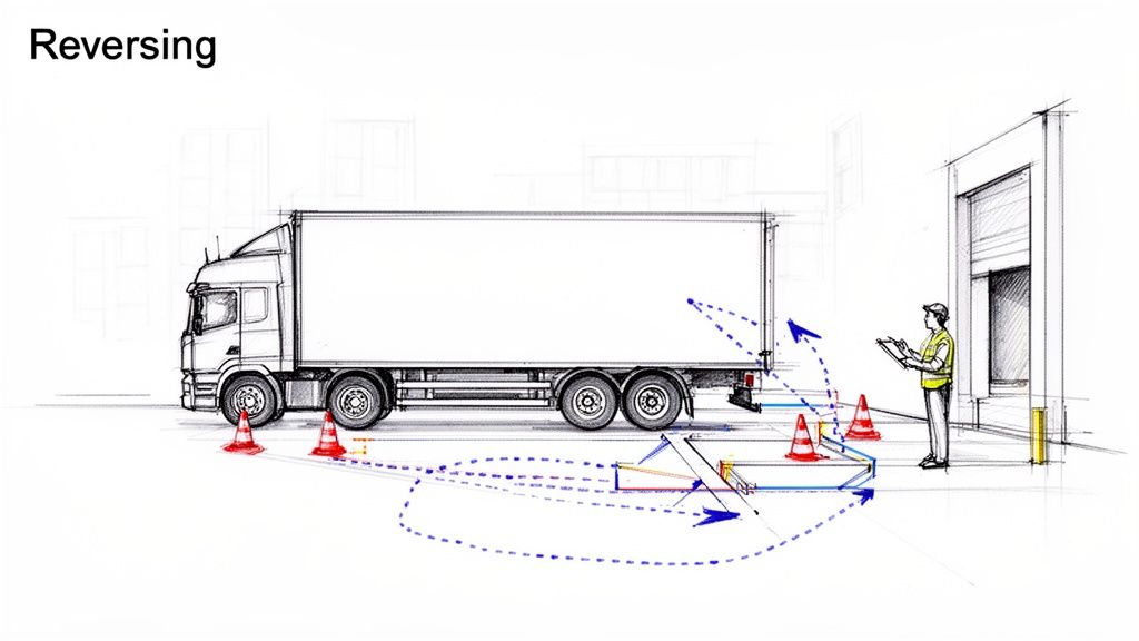 An illustration shows a truck reversing towards a loading dock, guided by a worker and cones.