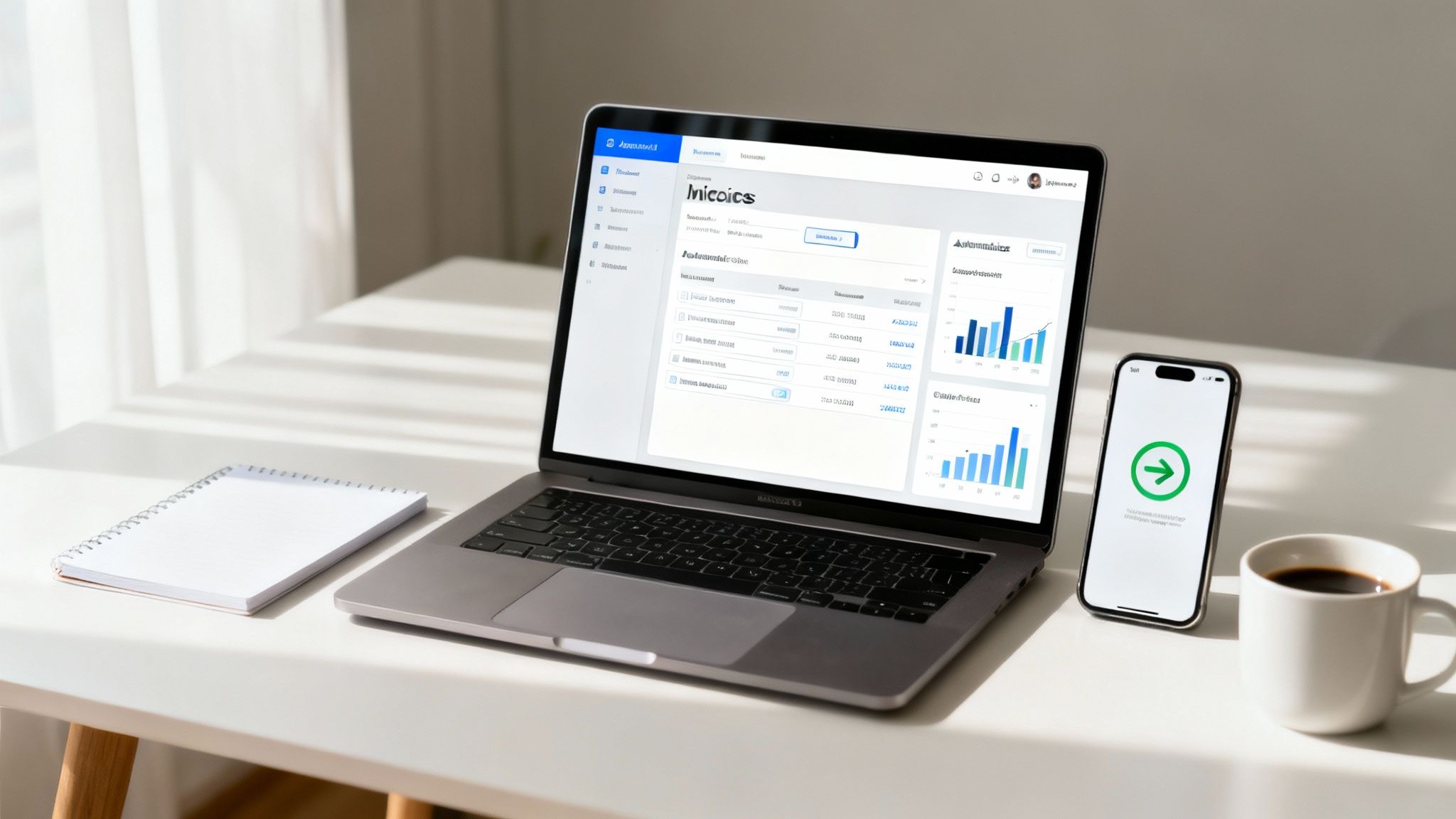 A minimalist white desk with a laptop displaying a dashboard, a smartphone, a notebook, and a coffee mug.