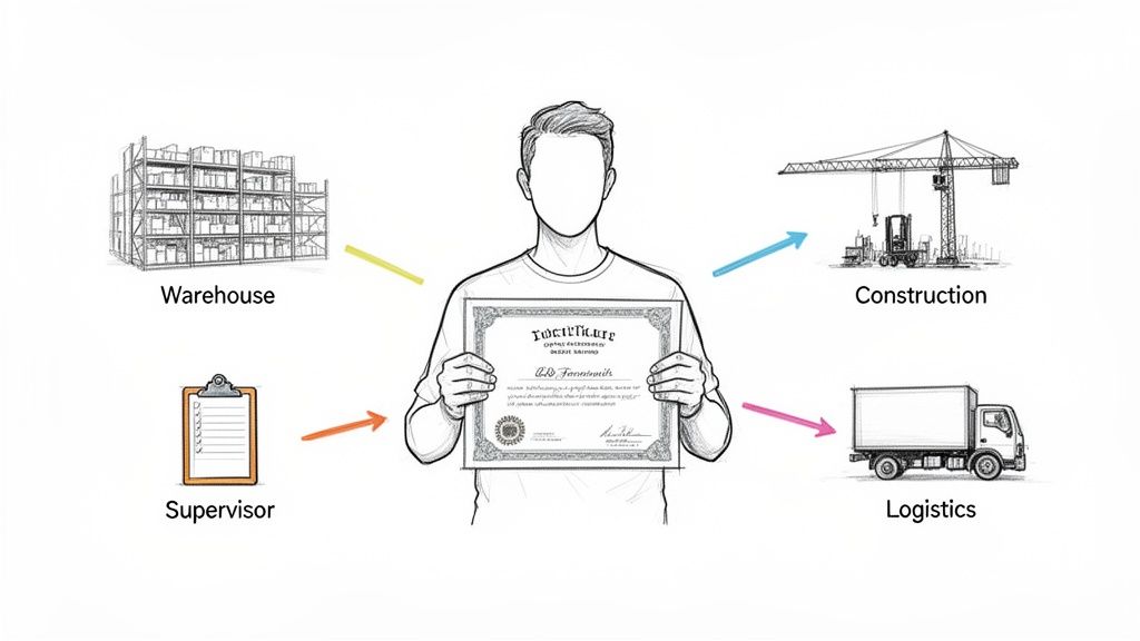 Person holding a certificate with arrows pointing to various career paths in warehouse, construction, supervisor, and logistics.