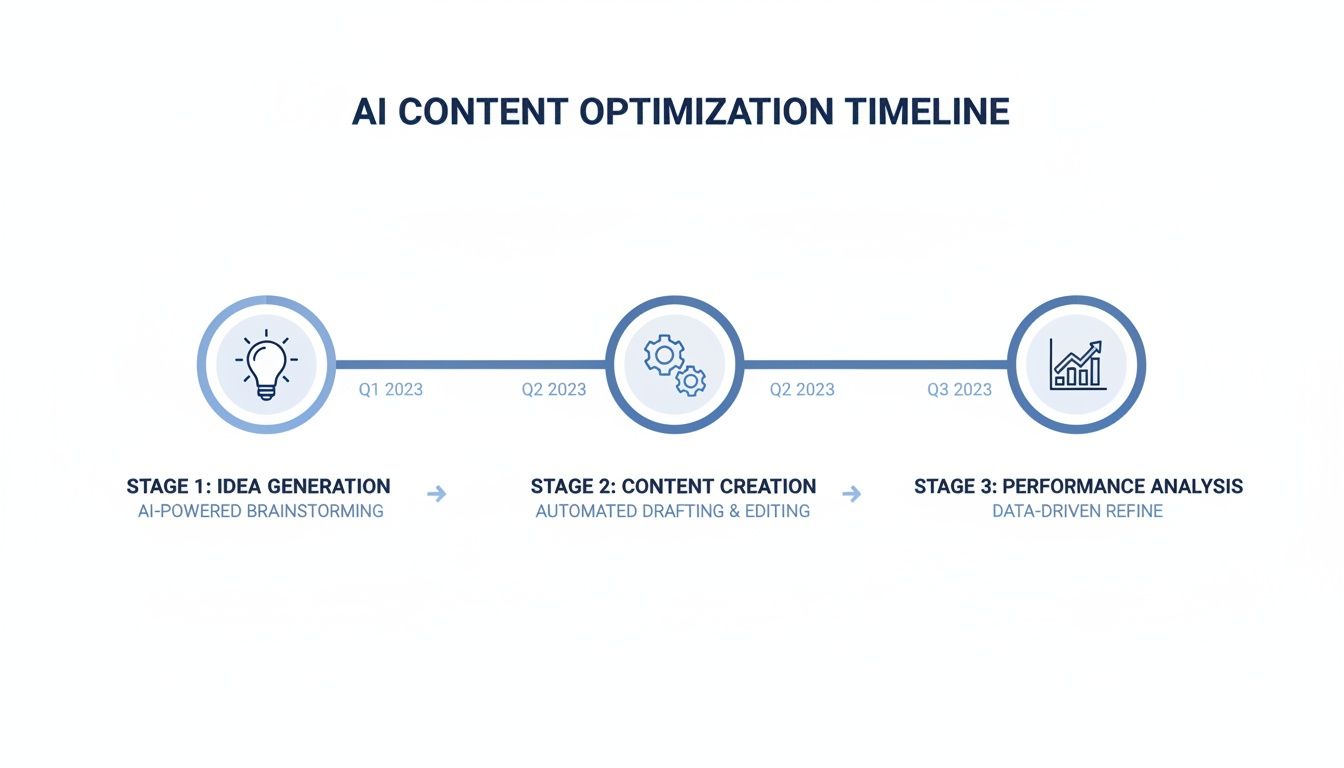 A visual timeline detailing the three stages of AI content optimization from idea generation to performance analysis.