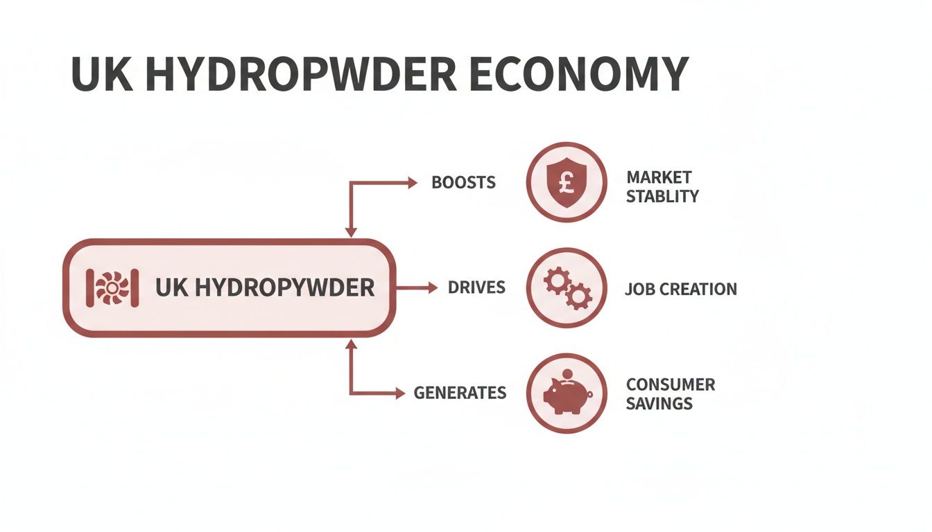 Diagram showing UK Hydropywder boosting market stability, driving job creation, and generating consumer savings.