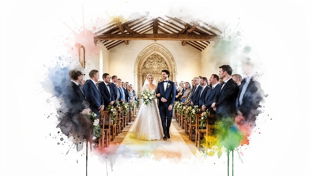 A bride and groom smiling, walk arm-in-arm down a church aisle during their wedding ceremony.