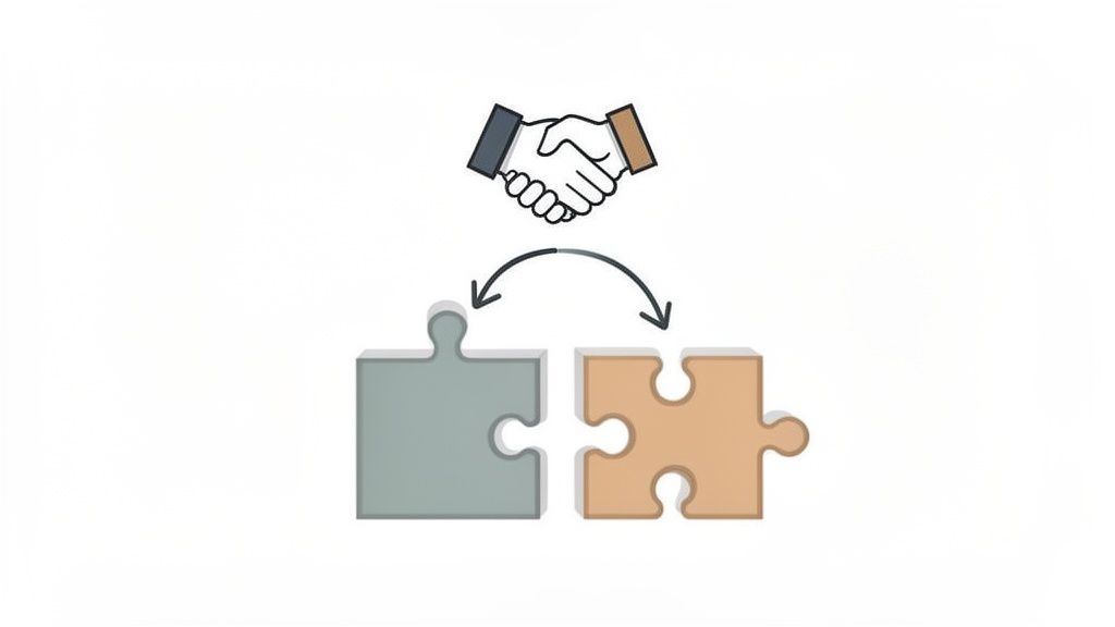 Two interlocking puzzle pieces and a handshake symbolize business partnership and collaboration.