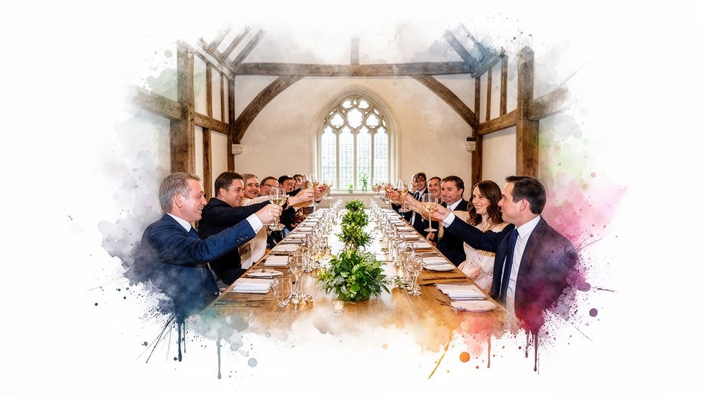 Guests celebrating and toasting with wine glasses at a beautifully set long table during a wedding reception.