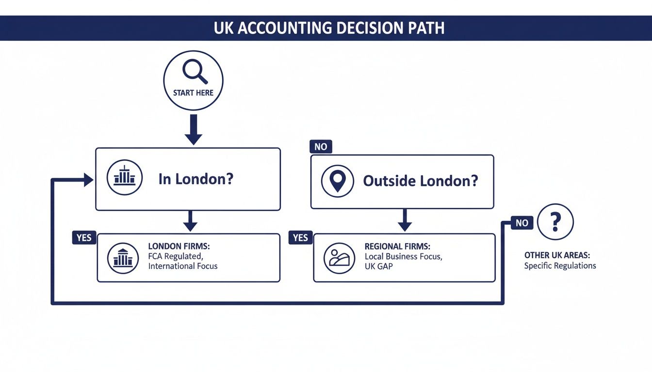 Flowchart outlining the UK accounting decision path for firms based on location, regulations, and focus.