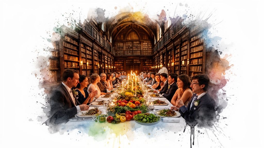 Guests enjoying a candlelit wedding reception dinner in a grand historic library hall.