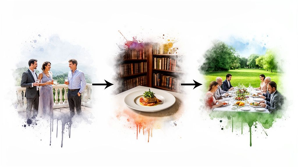 Artistic progression showing a pre-dinner reception, fine dining, and an elegant outdoor feast.