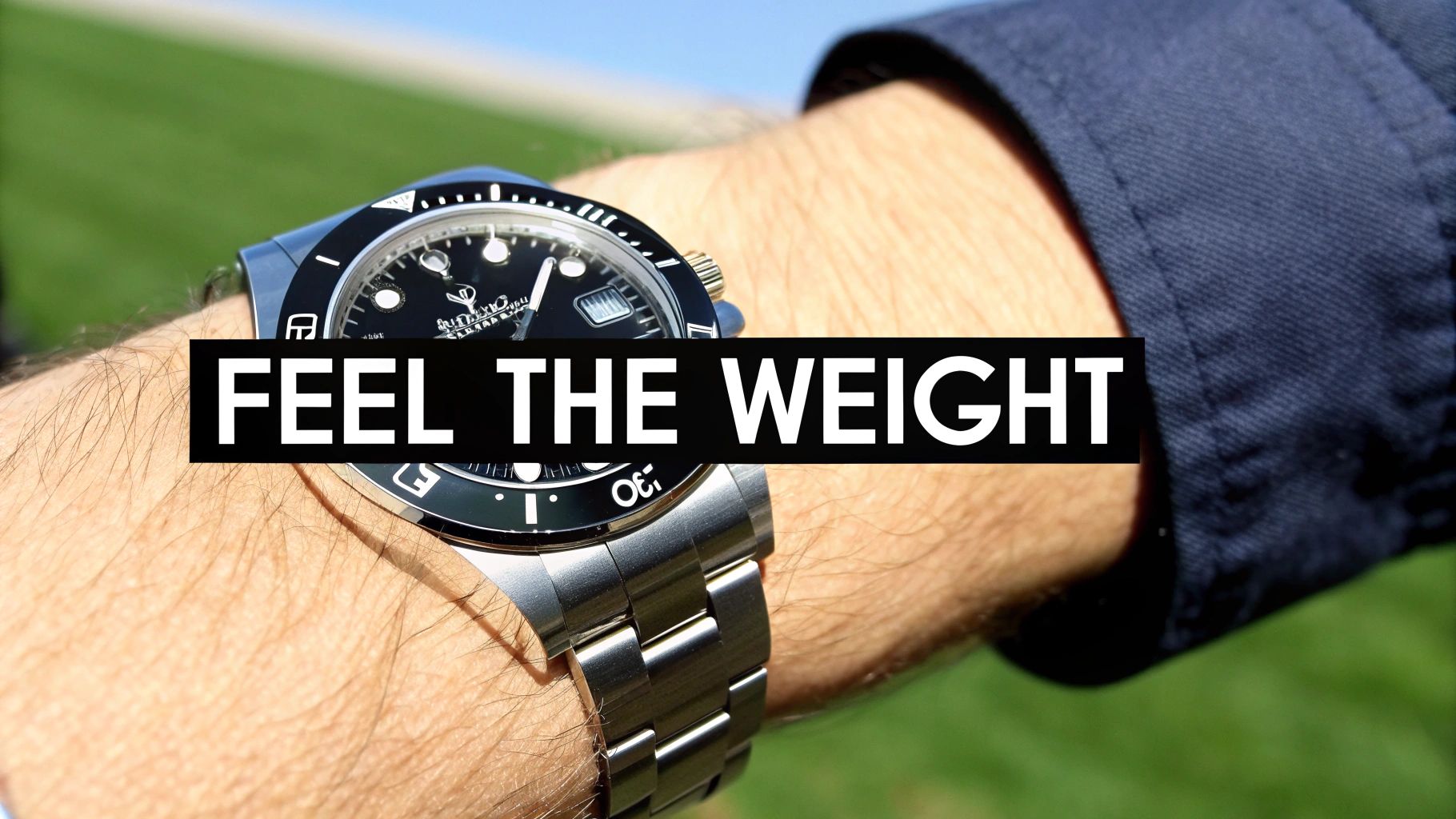 Close-up of a person's wrist wearing a sophisticated silver watch with a black dial and 'FEEL THE WEIGHT' text overlay.