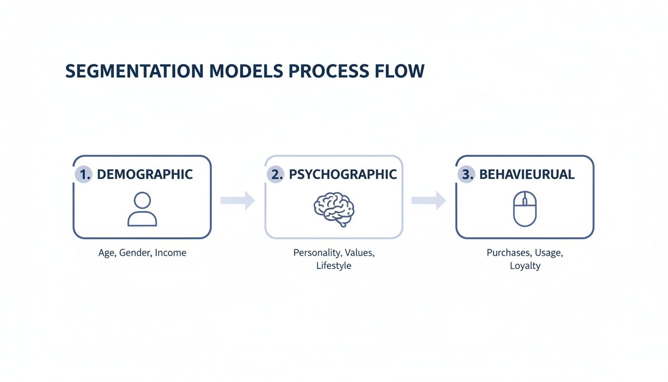 Diagram illustrating segmentation models: demographic, psychographic (personality, values), and behavioral (purchases, usage).