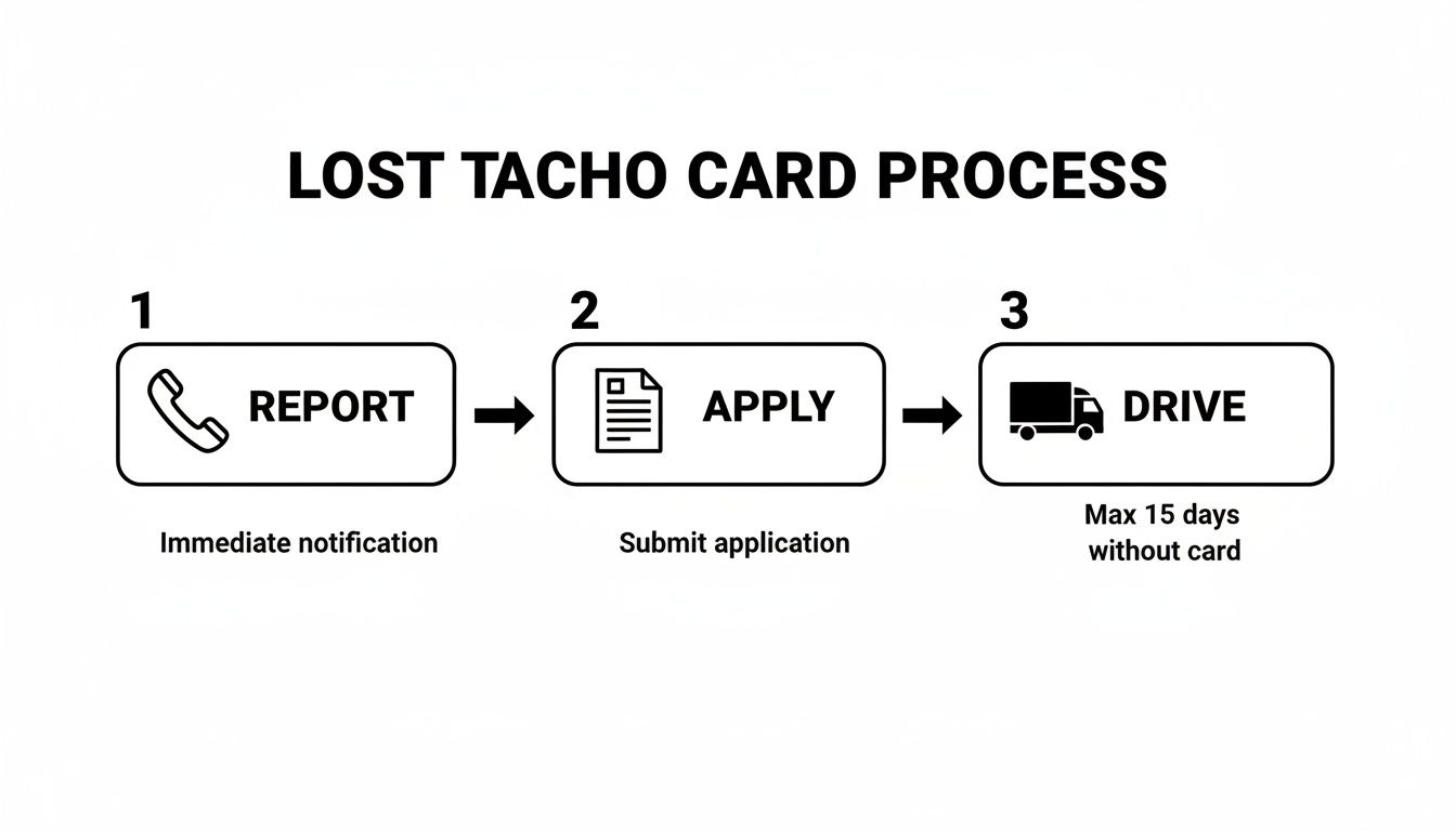 Flowchart illustrating the three-step lost tacho card process: report immediately, apply, and drive for up to 15 days.