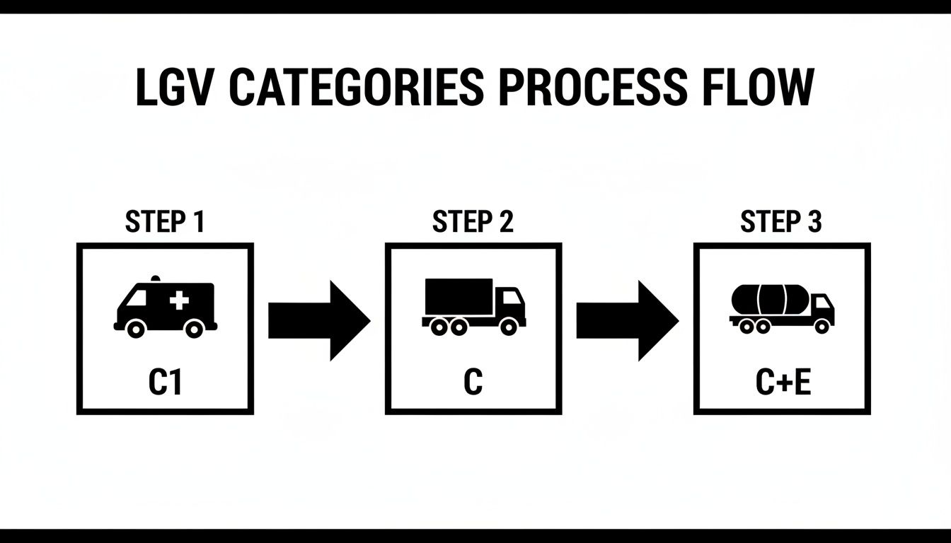 A process flow diagram illustrates LGV license categories: C1 (ambulance), C (truck), and C+E (tanker truck).