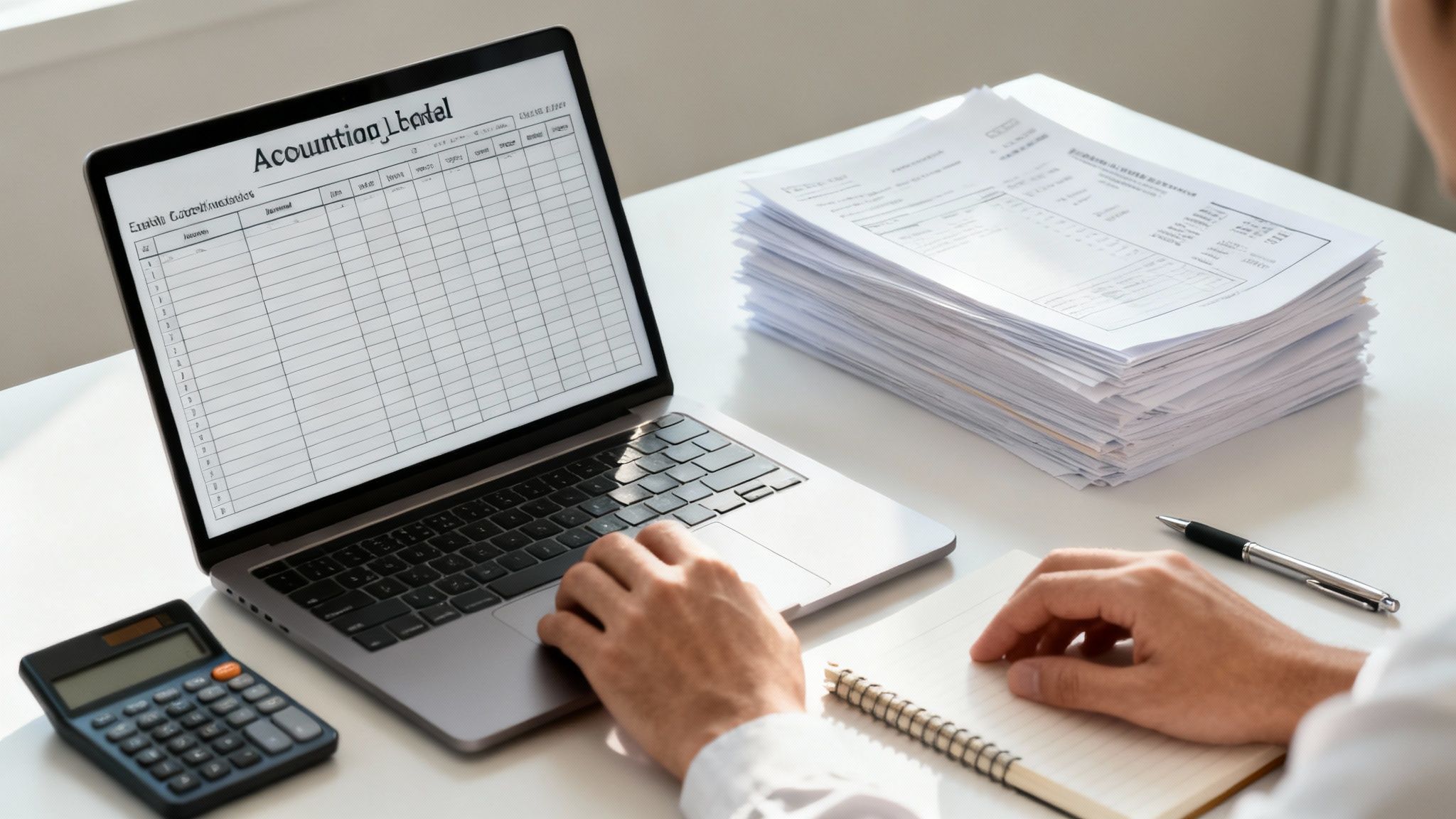 Person doing accounting on a laptop with a calculator and paper documents on a white desk.