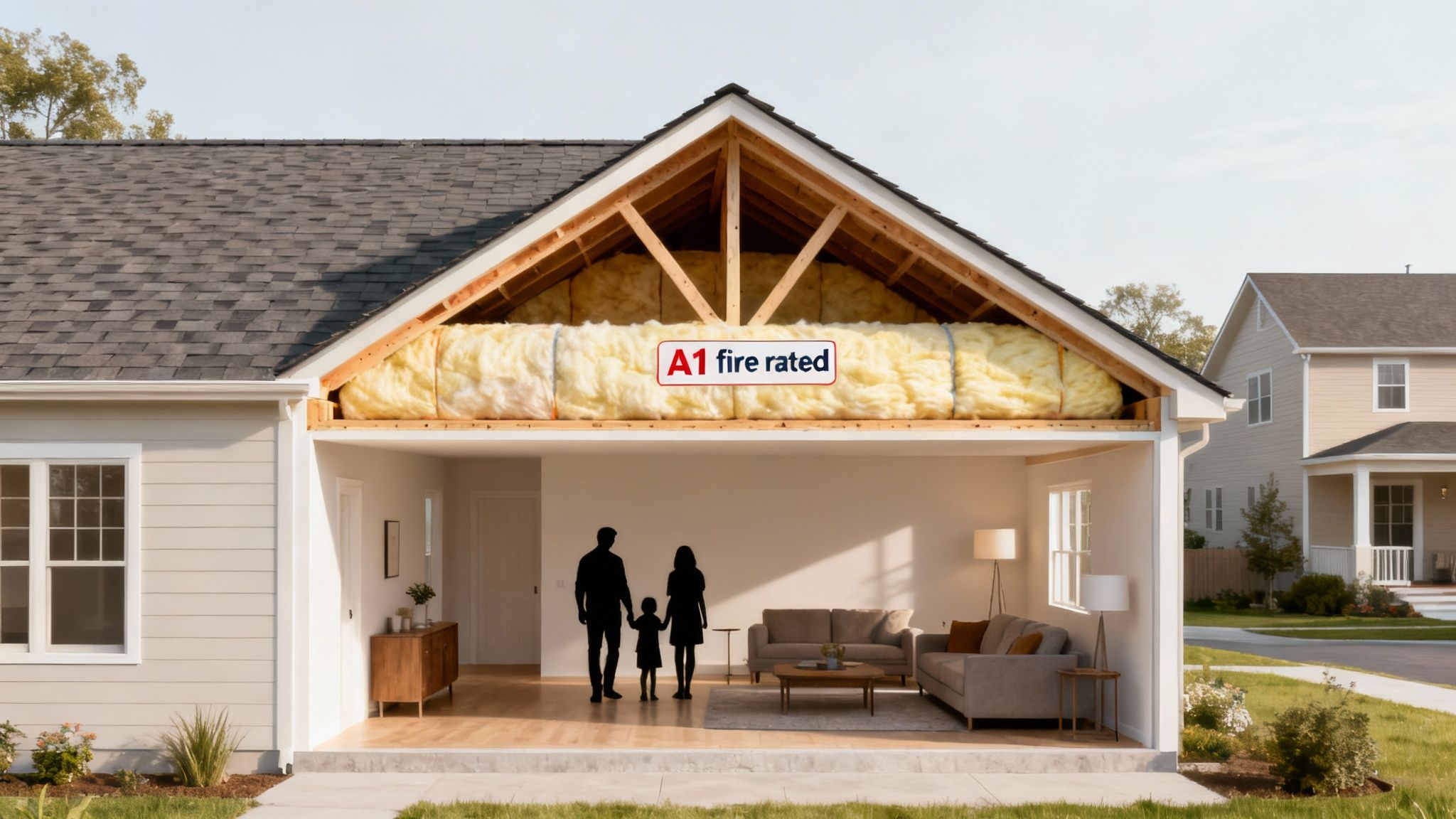 A cross-section of a house revealing A1 fire-rated insulation in the attic, with a family silhouette inside.