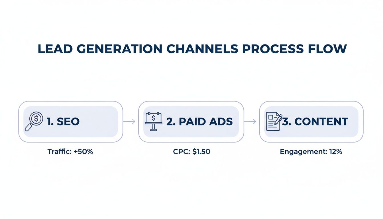 Diagram illustrating lead generation channels process flow: SEO, Paid Ads, and Content, with performance metrics.