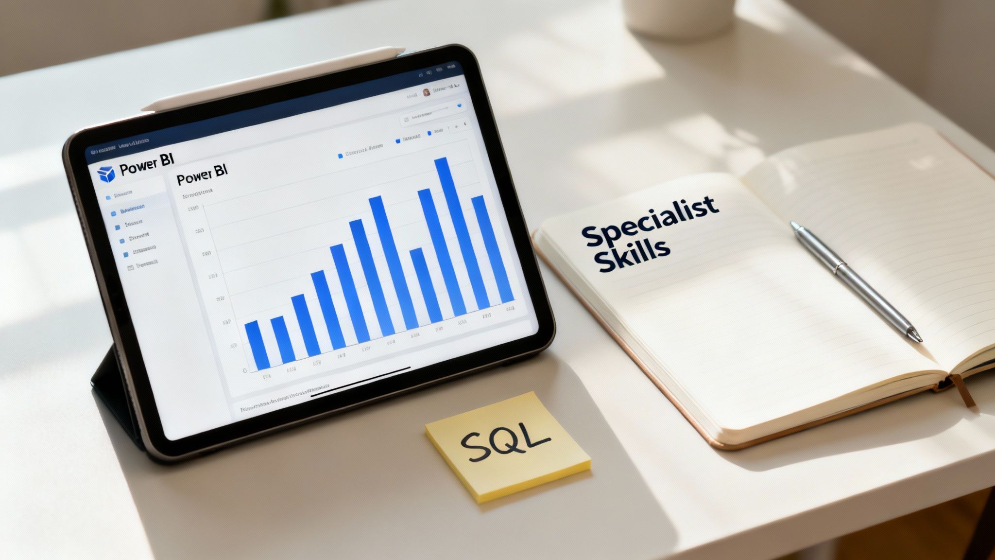 A tablet showing Power BI dashboard, a notebook with 'Specialist Skills', and an 'SQL' sticky note.