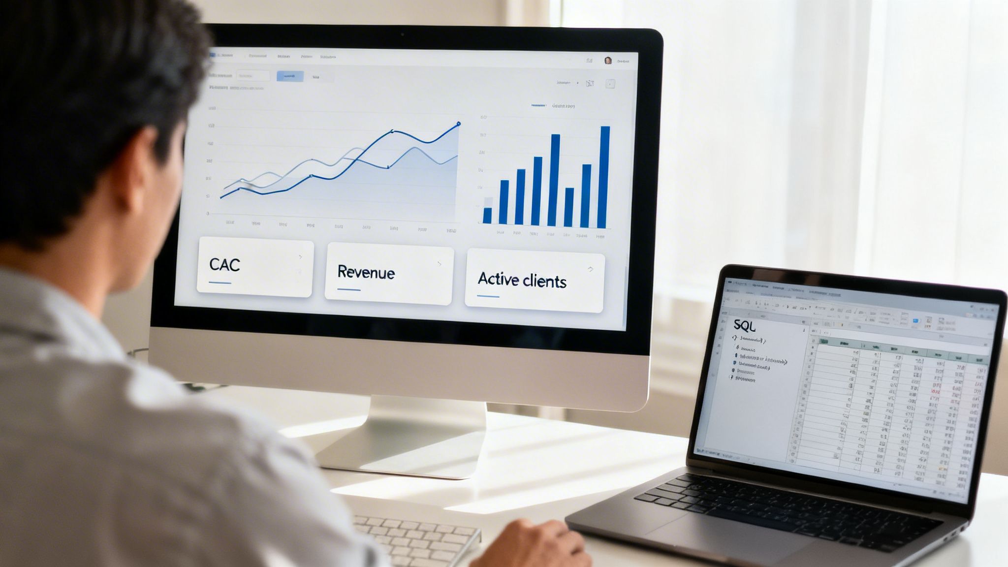 Person analyzing business data on a desktop monitor displaying charts and metrics, next to a laptop with SQL.