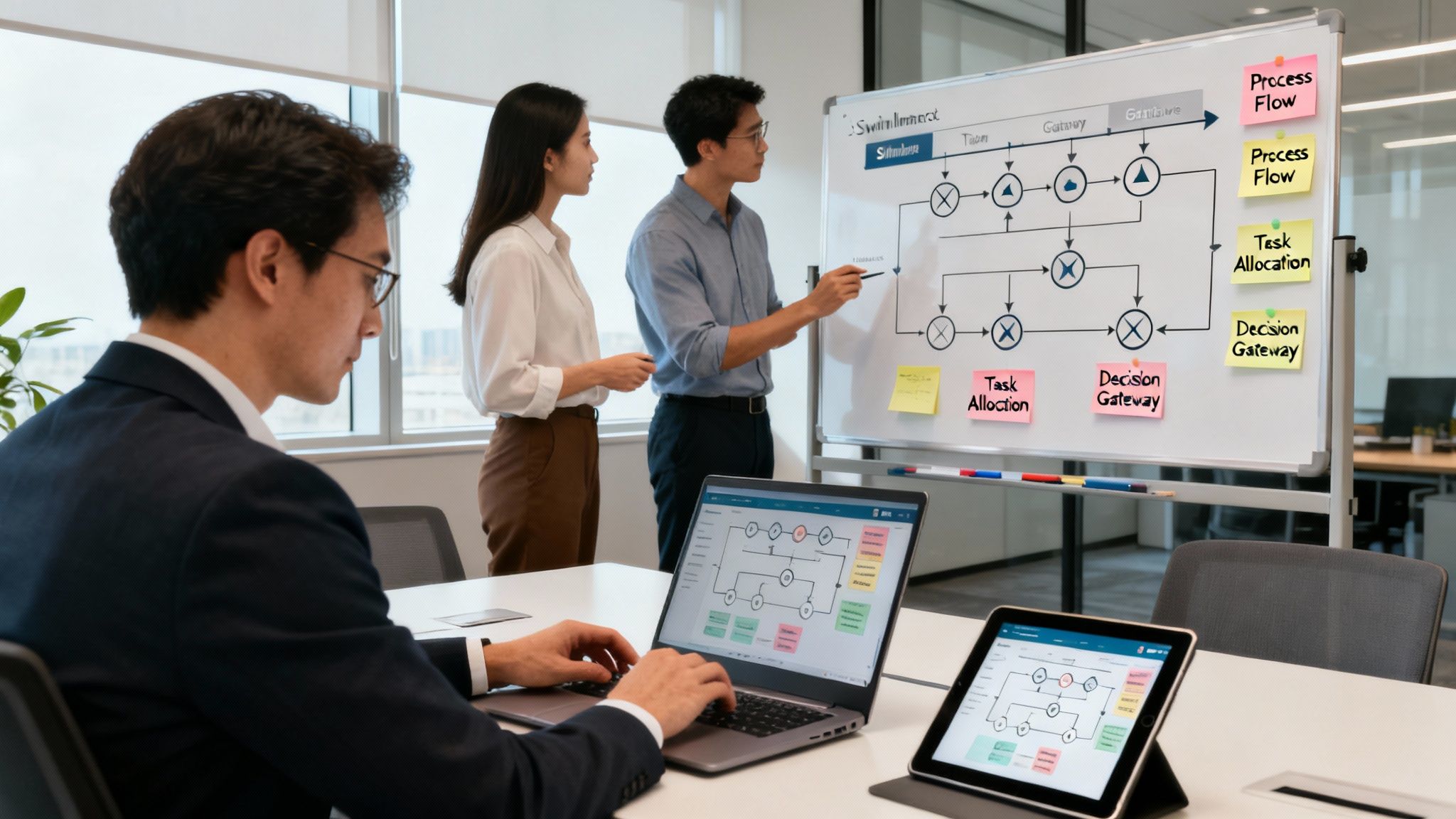 Three professionals analyzing a business process diagram on a whiteboard, laptop, and tablet in an office.