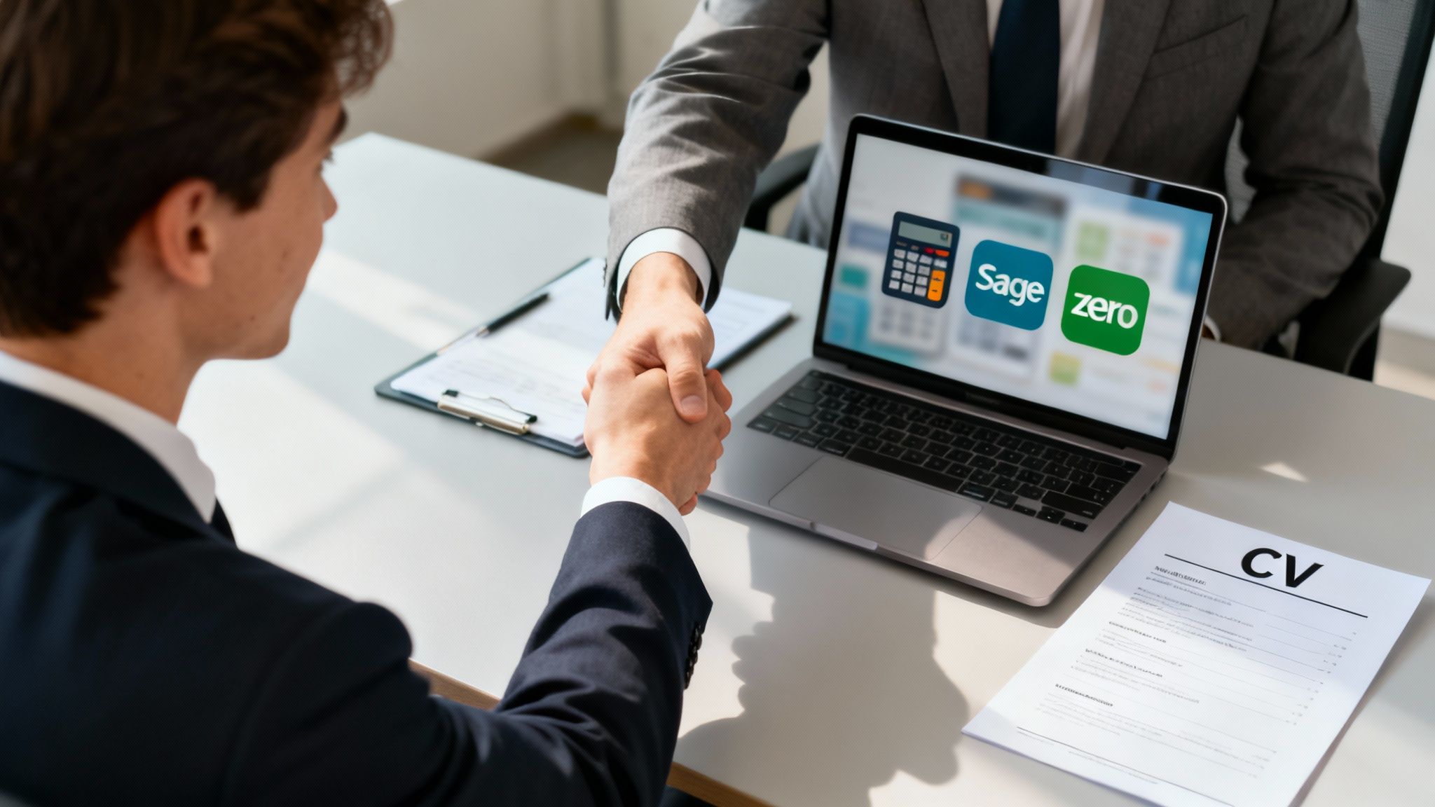 Two professionals shake hands over a desk with a laptop displaying accounting software and a CV.