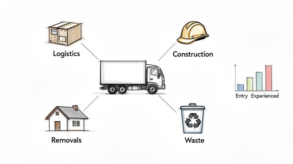 A diagram showing a truck as central to logistics, construction, removals, waste management, and driver experience levels.
