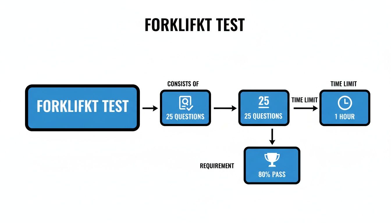 Flowchart detailing the Forklift Test: 25 questions, 1-hour time limit, 80% pass requirement.