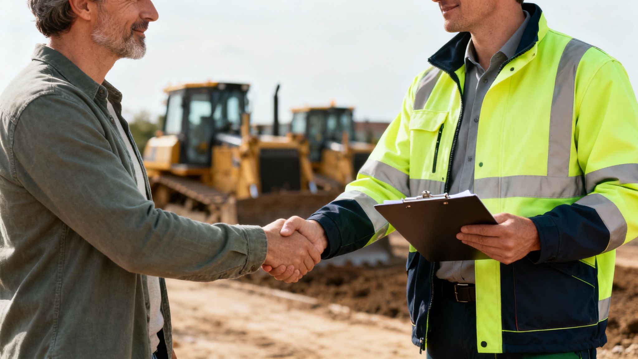 Two men, one in a hi-vis jacket, shake hands at a construction site with bulldozers.
