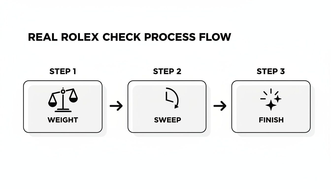A flowchart illustrating the three-step process to check if a Rolex is real: Weight, Sweep, and Finish.