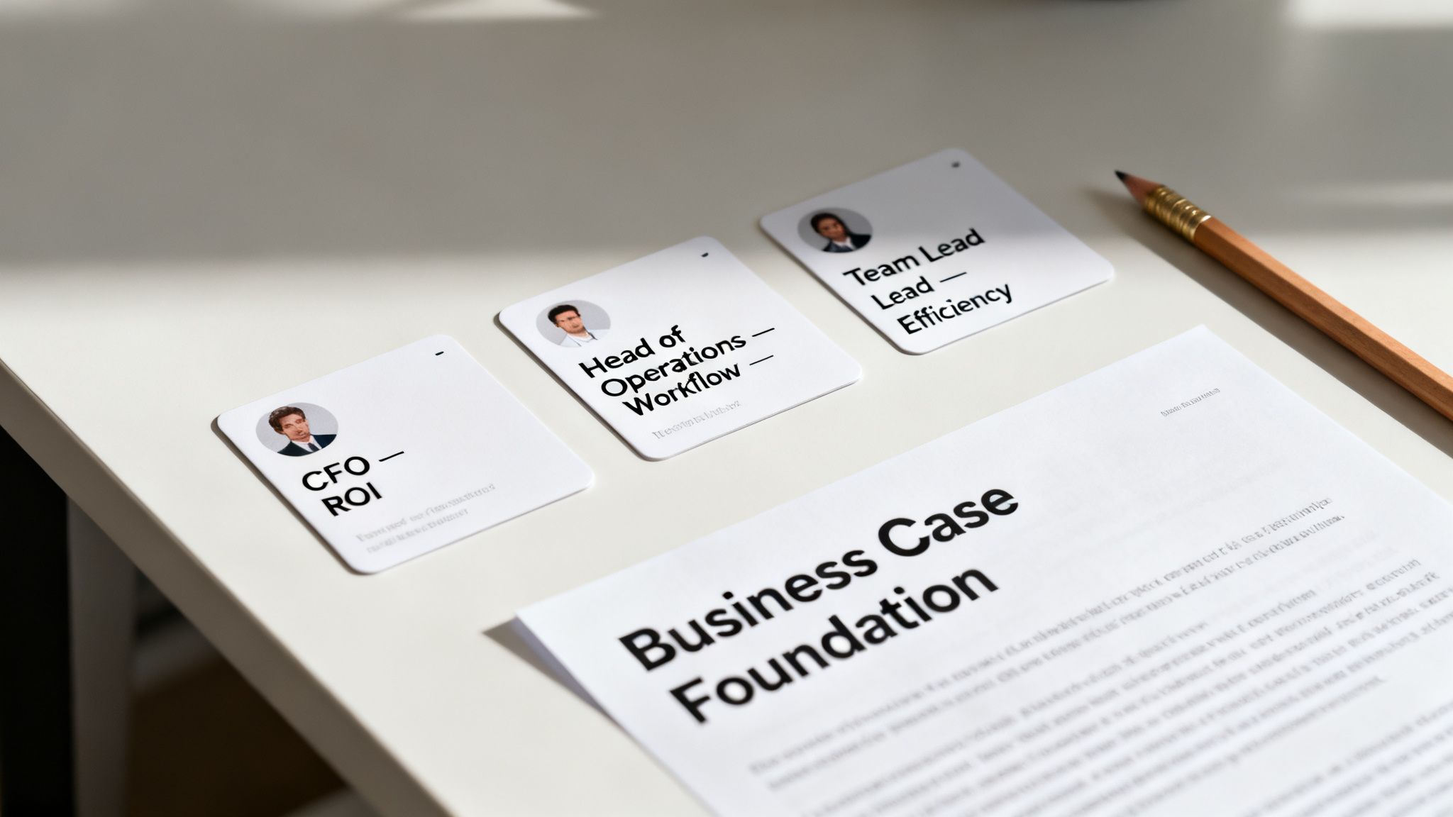 Business cards with job titles and a document about business case foundation on a white desk.