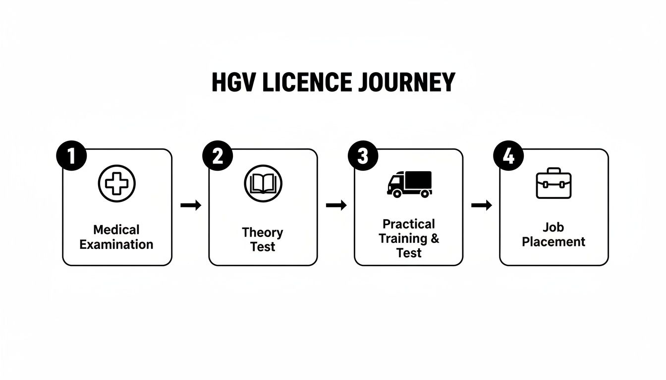 A four-step diagram illustrating the HGV licence journey, from medical examination to job placement.