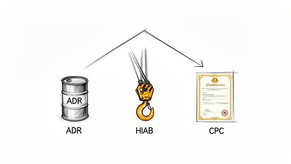 A diagram illustrates a barrel labeled 'ADR', a crane hook 'HIAB', and a certificate 'CPC' with connecting arrows.