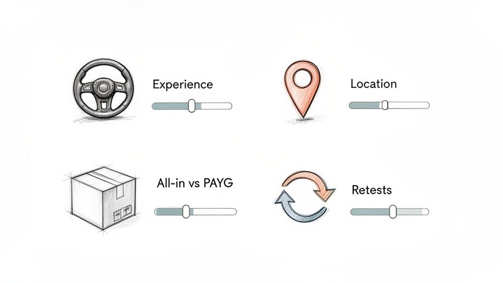 Four sliders with hand-drawn icons representing experience, location, pricing model, and retests, for training cost factors.