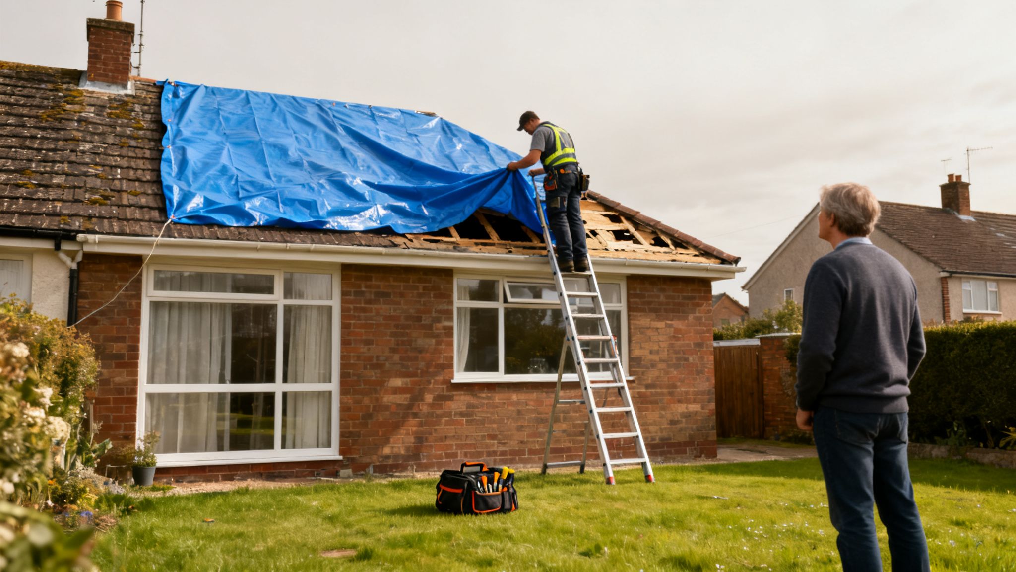 A roofer on a ladder repairs a storm-damaged roof covered with a blue tarp, observed by a homeowner.