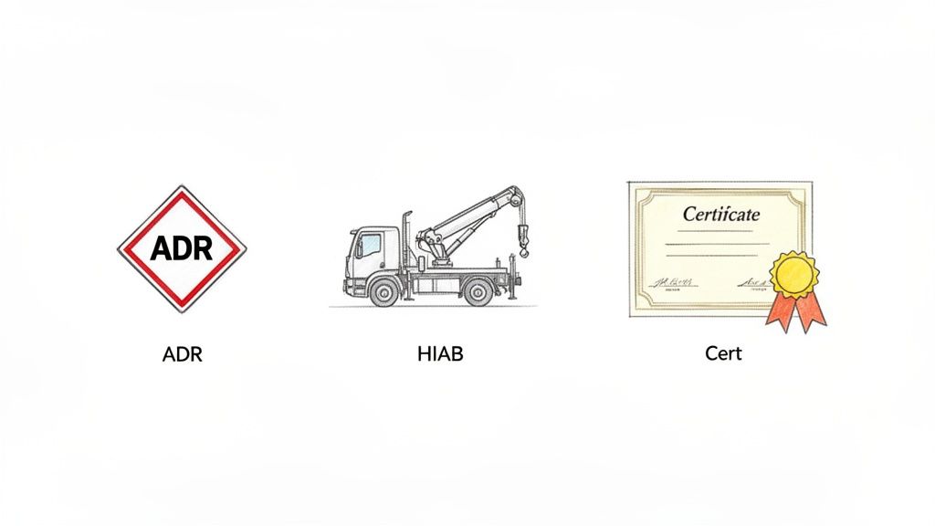 ADR sign, HIAB truck, and a certificate icon, representing different HGV driver training qualifications.