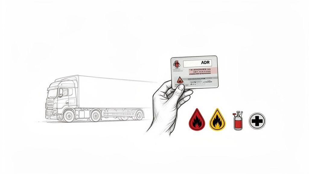 A sketch of a truck, a hand holding an ADR card, and symbols for flammable liquids, gas, and first aid.