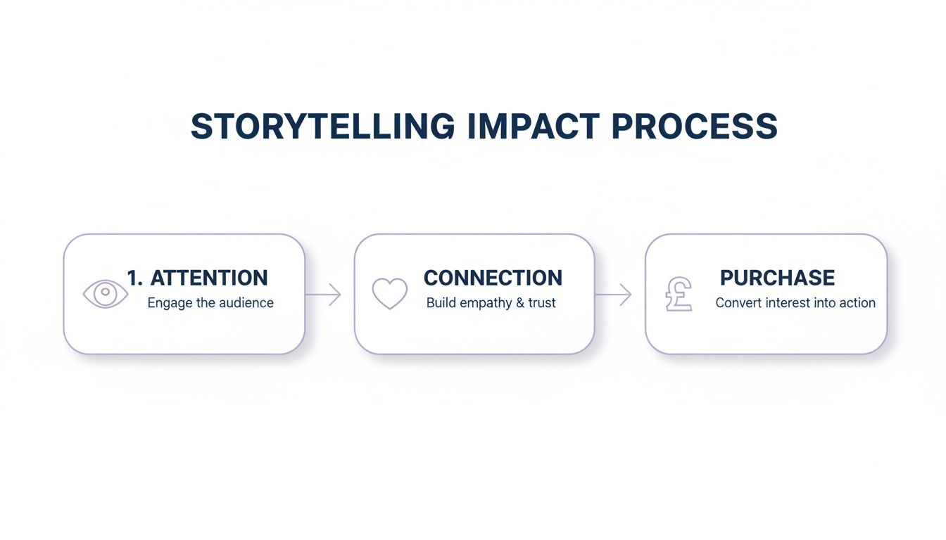 Storytelling impact process flowchart showing three key steps: Attention, Connection, and Purchase.
