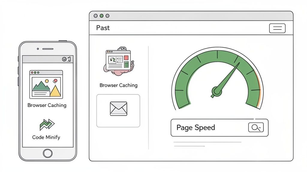Illustration of a smartphone and desktop browser window showcasing past page speed optimization methods like caching.