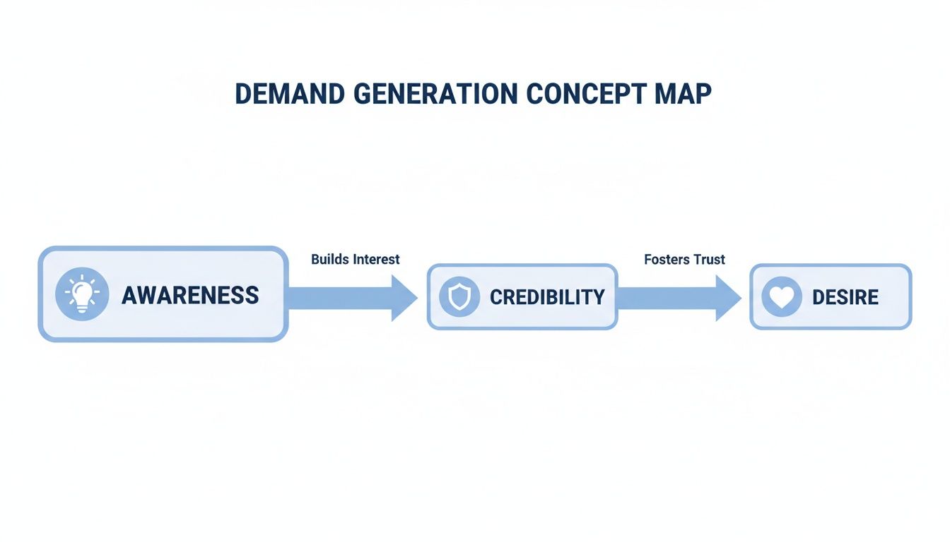 Demand generation concept map showing a linear flow from awareness to credibility and desire.