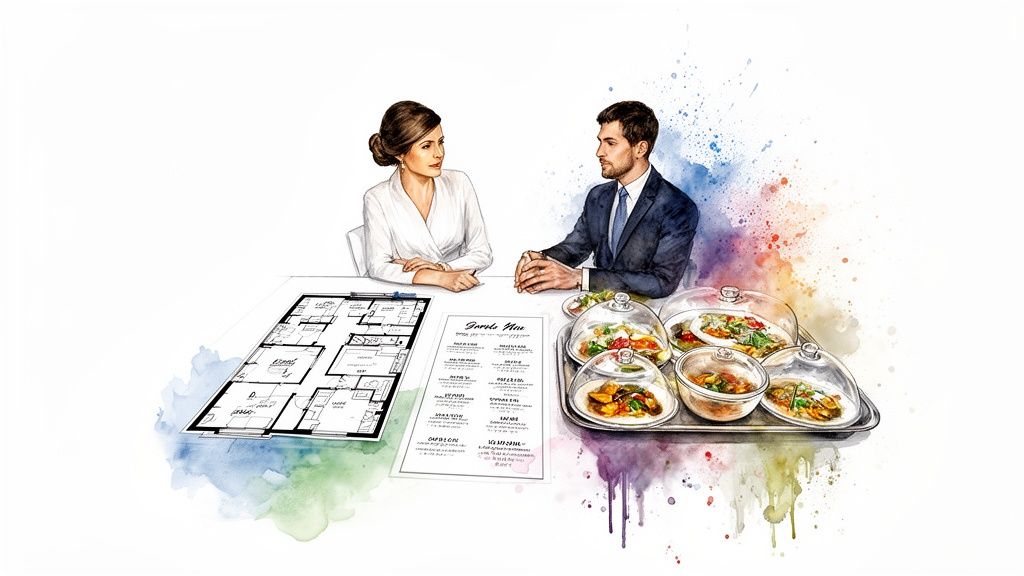 Watercolor illustration of two professionals discussing a blueprint and a menu, with a tray of covered food dishes.