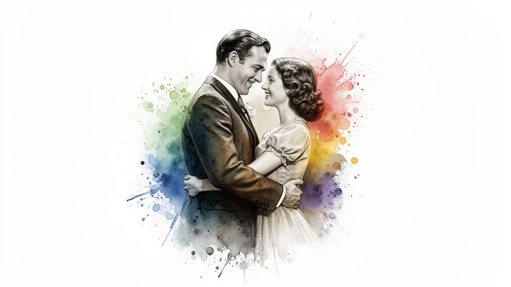 A watercolor illustration of a happy vintage-style couple embracing, surrounded by vibrant colorful splashes.