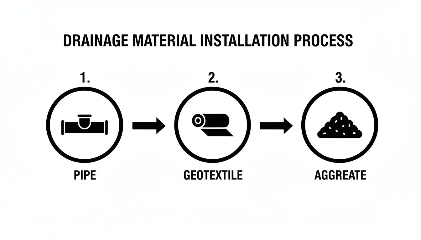 A three-step diagram illustrates the drainage material installation process: pipe, geotextile, and aggregate.