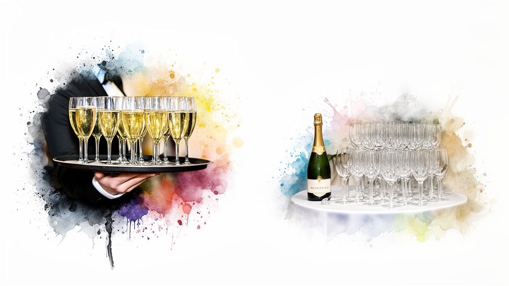 A waiter holds a tray of champagne glasses next to a bottle and a pyramid of flutes.