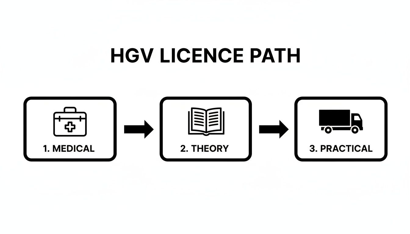 A flowchart illustrating the three steps to obtain an HGV licence: Medical, Theory, and Practical.