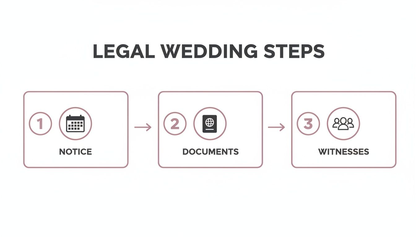 Infographic illustrating three legal wedding steps: notice with calendar, documents with passport, and witnesses icon.