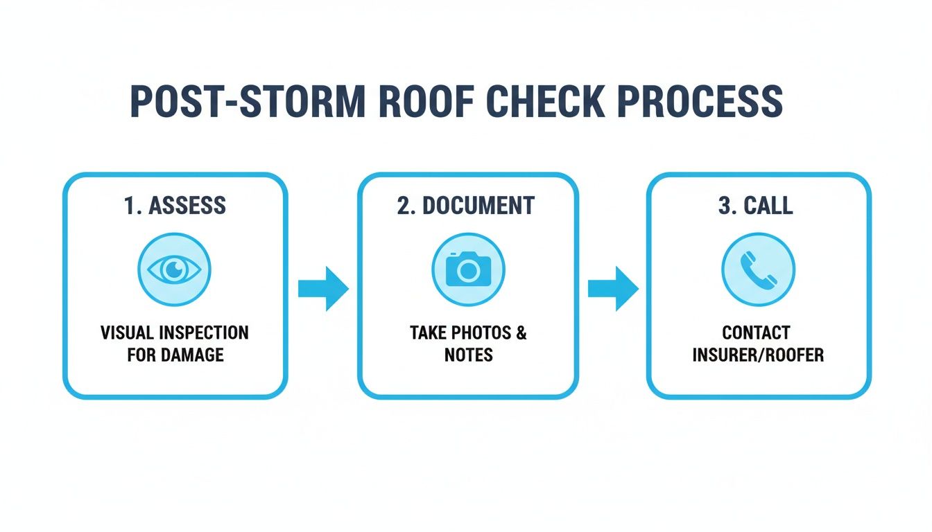 Diagram showing a three-step post-storm roof check process: assess damage, document, and contact insurer.