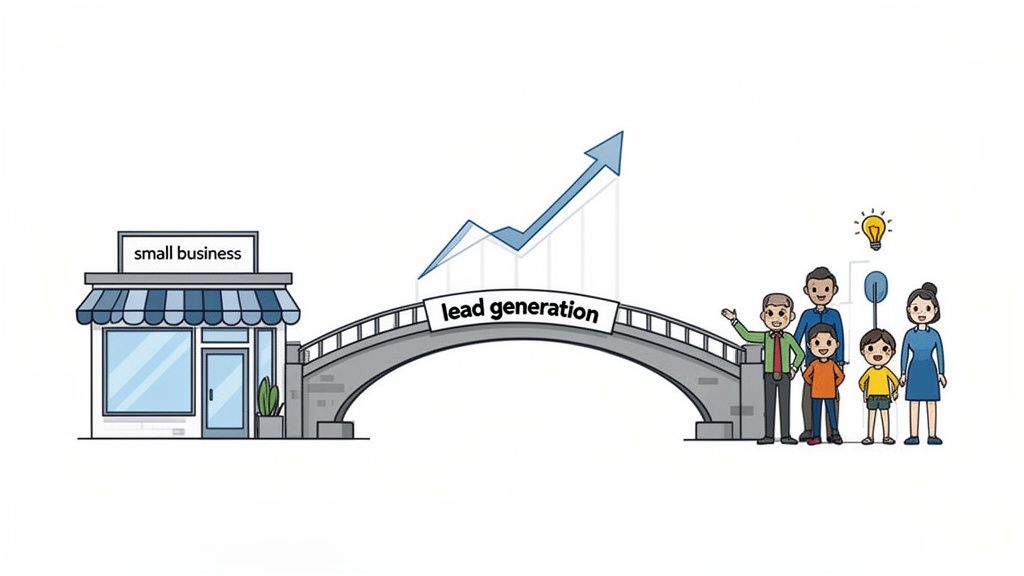 Illustration showing lead generation bridging a small business to potential customers, leading to growth and ideas.