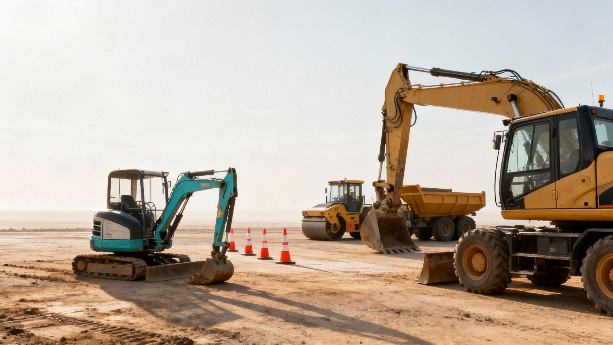 Heavy construction machinery on a sandy site, including excavators, a road roller, and a dump truck.