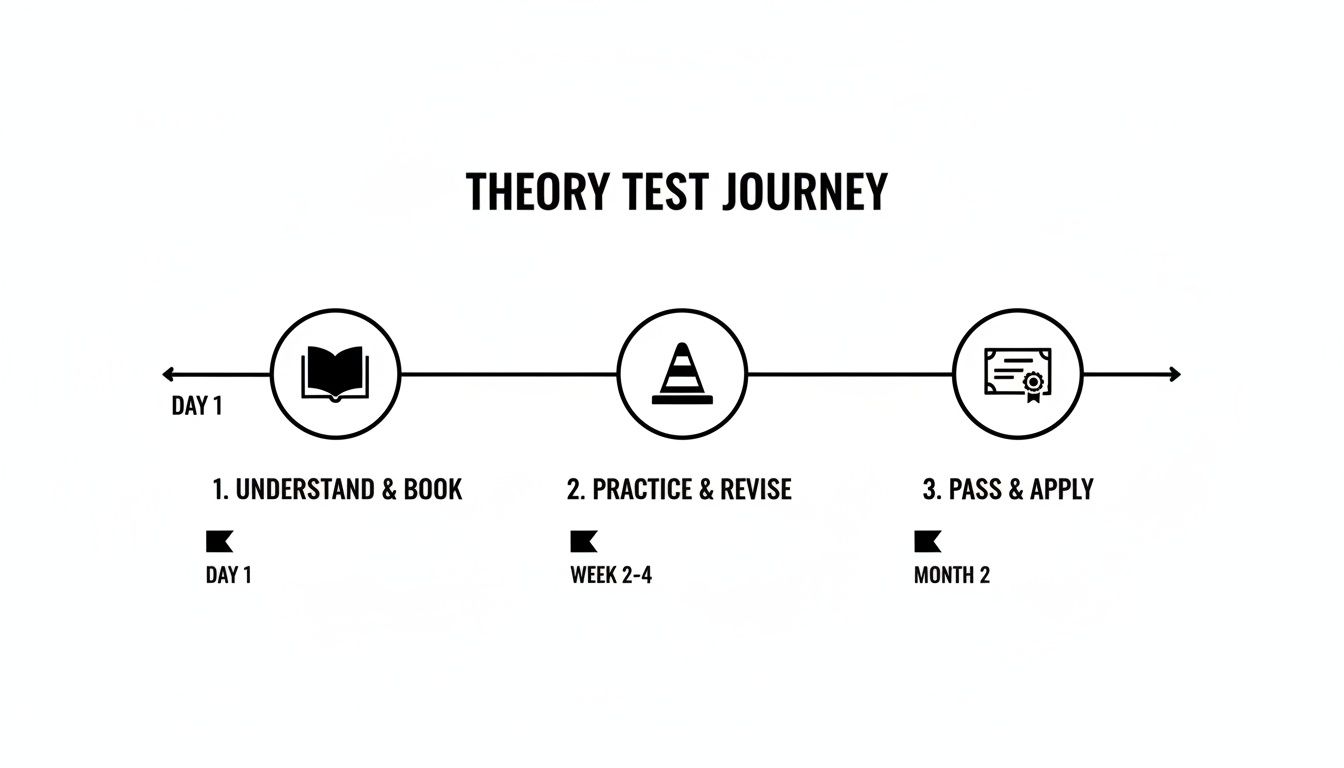 A three-step theory test journey timeline showing understanding, practice, and passing.